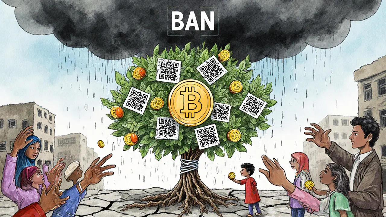 A Bitcoin tree grows through rubble, feeding people with digital fruit despite the ban.