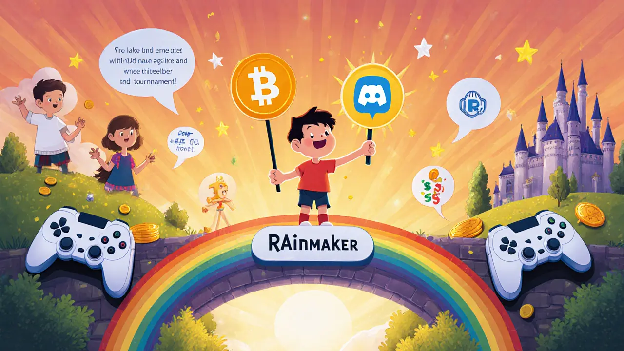 A child uses a RAIN token wand to connect inactive and active gamers across a bridge.