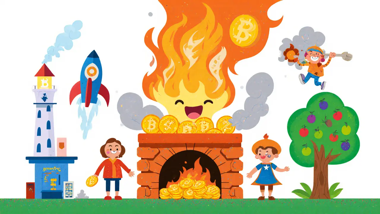 A fire furnace burns BNB coins while chain characters watch around it.
