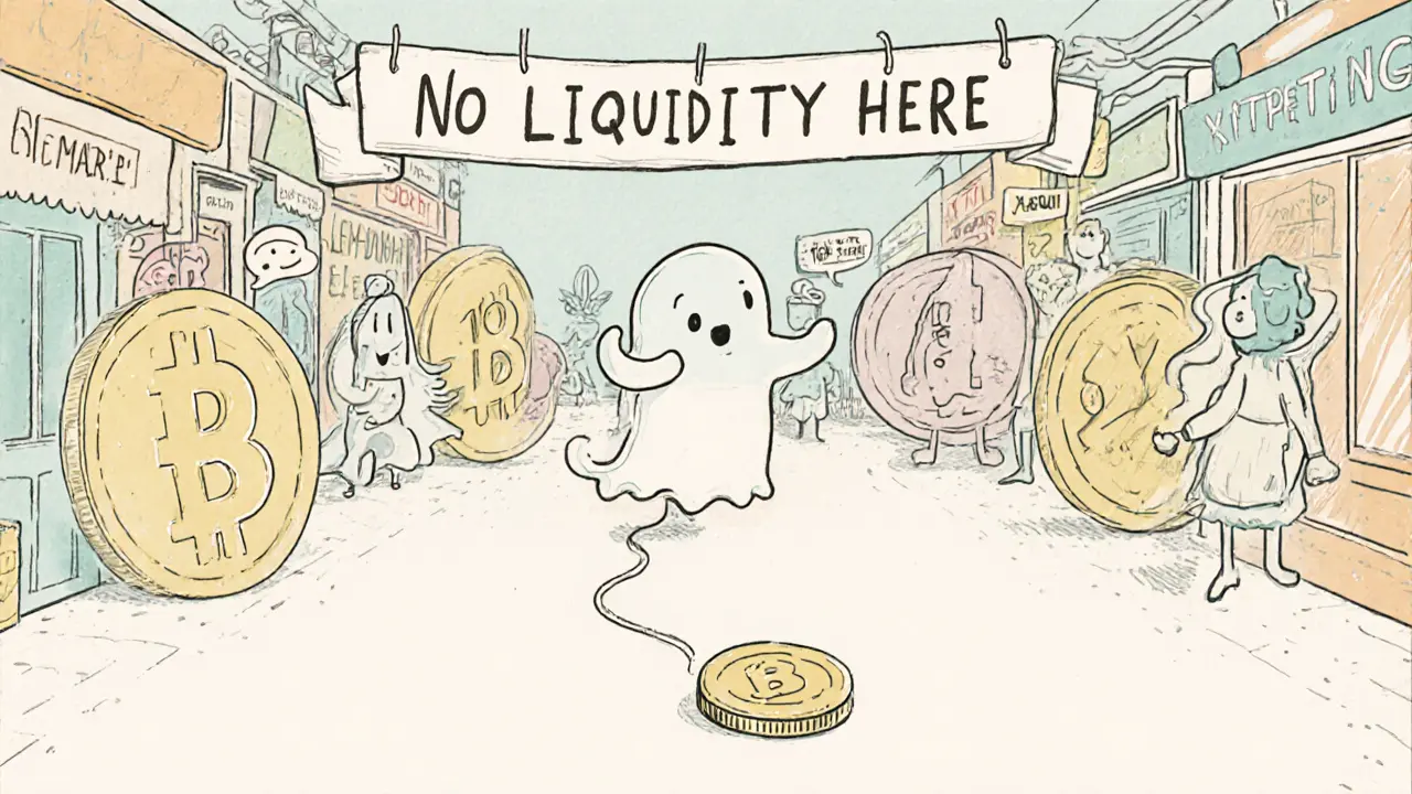 A ghostly token drifts unseen through a silent marketplace with no buyers.