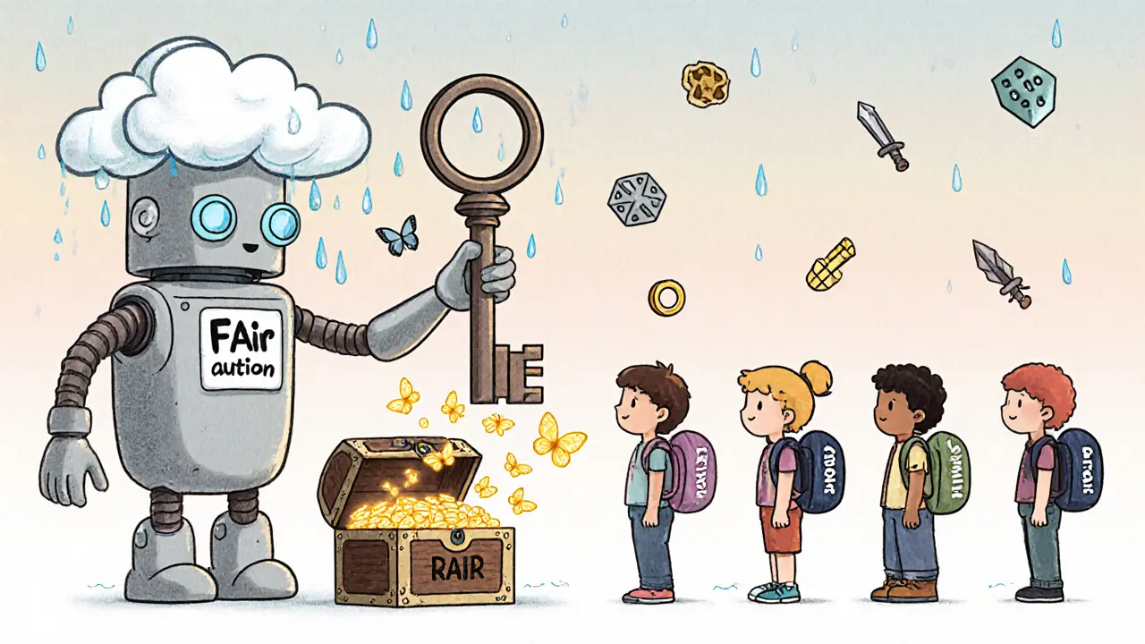 A robot with a raincloud hat unlocks a treasure chest of RAIN tokens for kids.