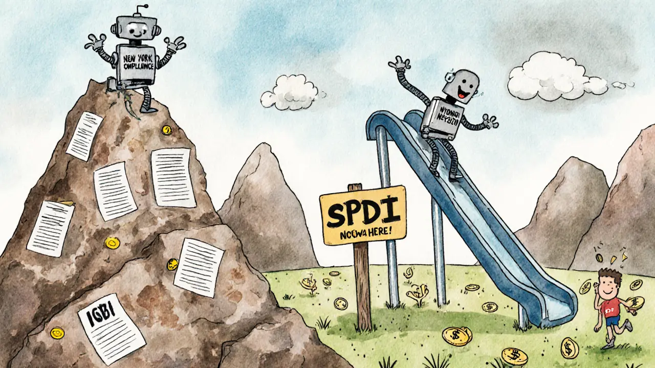 A small robot climbing a mountain of legal papers labeled &#039;New York Compliance&#039; while another slides down a &#039;Wyoming SPDI&#039; slide into a happy crypto valley.
