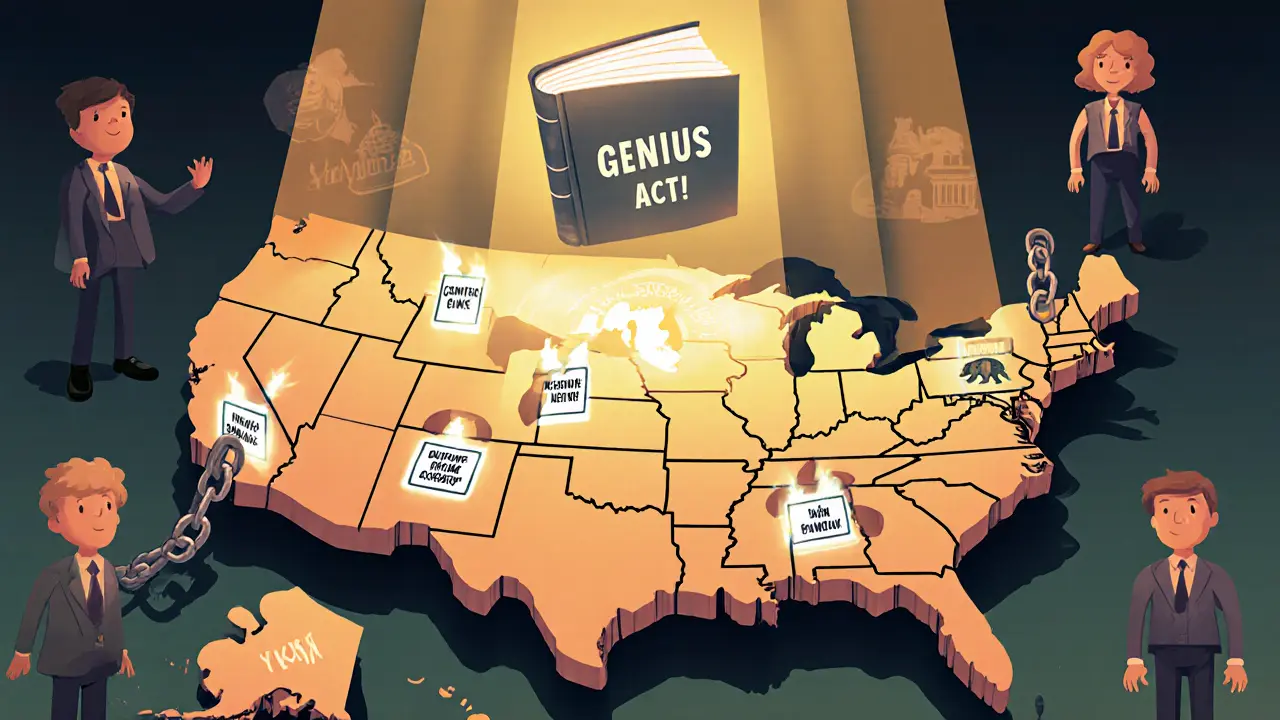 A U.S. puzzle map with states fitting differently—some locked, some open—with a glowing federal law book casting light over all pieces in a storybook style.