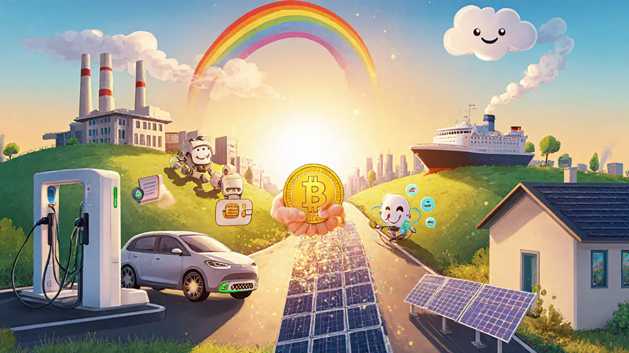 Bright cartoon scene of autonomous car charging, smart factory, solar energy trade, and cargo tracking.