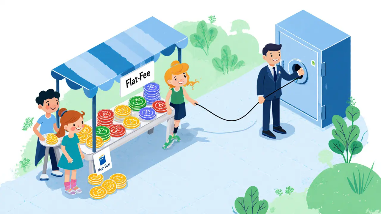 Cartoon market stall shows simple flat fee trading and wire transfer.