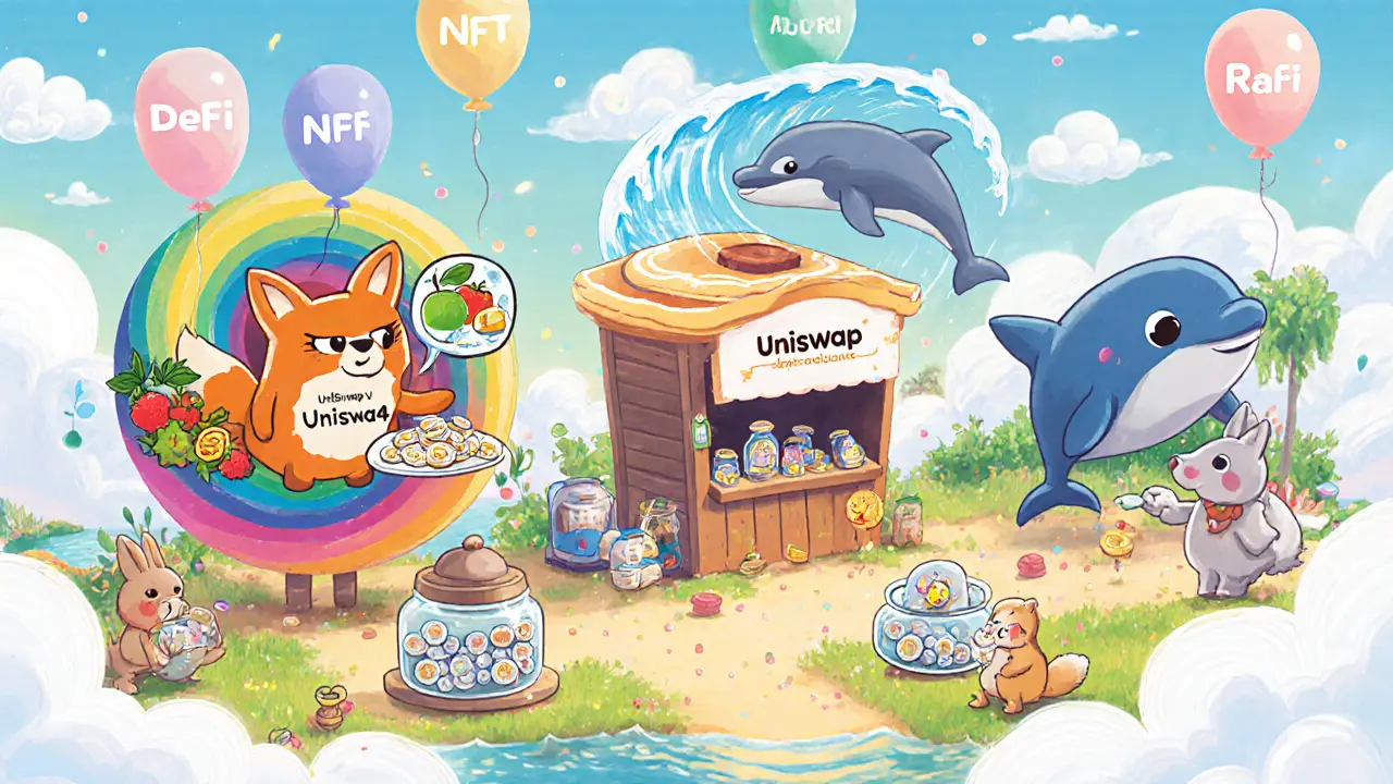 Cartoon marketplace with Uniswap, PancakeSwap, Orca, OpenSea and Rarible stalls swapping tokens and NFTs.