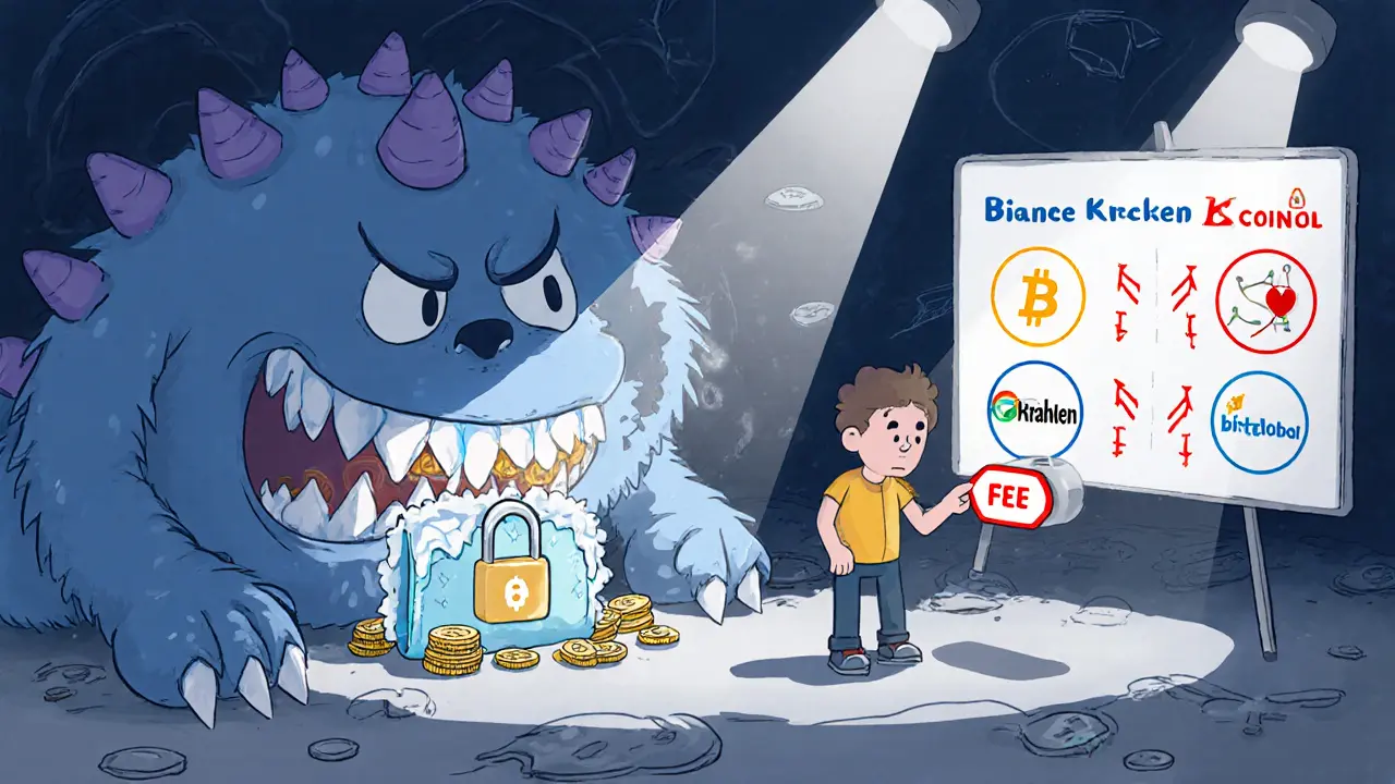 Cartoon shows fee monster, frozen wallet, and red error signs highlighting BitGlobal risks.
