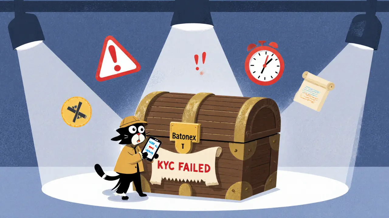 Cat detective investigating a locked Batonex chest with missing OTP and KYC fail signs.
