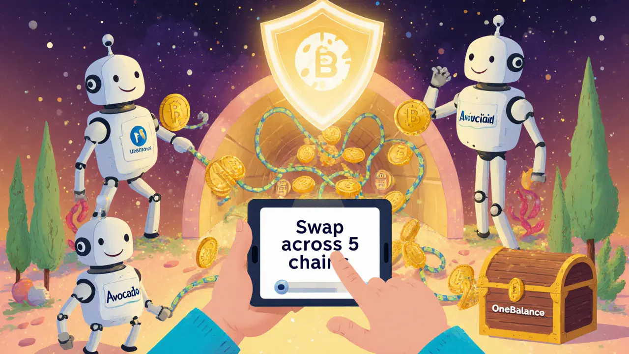 Child clicking a multi‑chain swap button, with robots moving tokens through a tunnel.