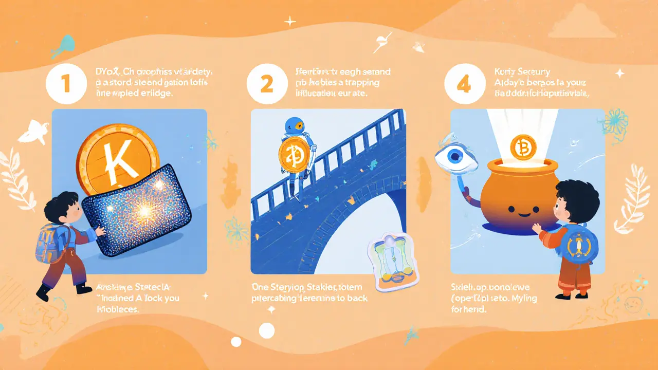 Child explorer uses a wallet, crosses a guarded bridge, and stakes DYDX to receive stDYDX.