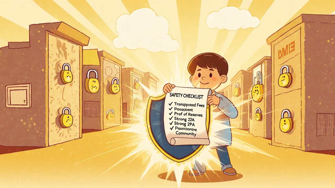 Child holds a safety shield and points to a checklist in front of secure exchange buildings.