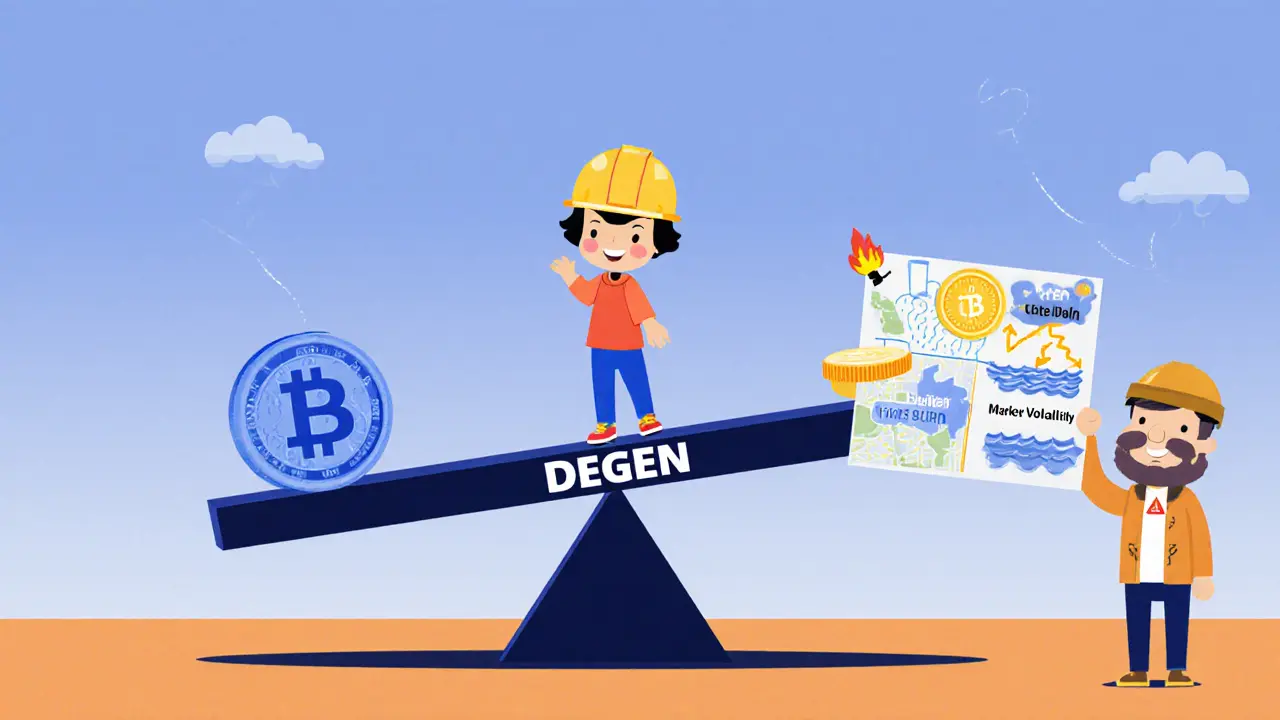 Child on a seesaw showing DEGEN price dip and token burn risk with safety guide.