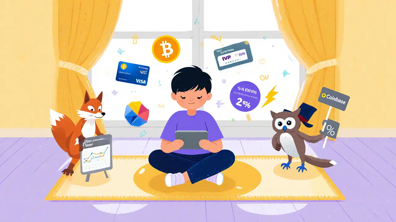 Child uses SpectroCoin app with icons for crypto, Visa card, and IBAN.
