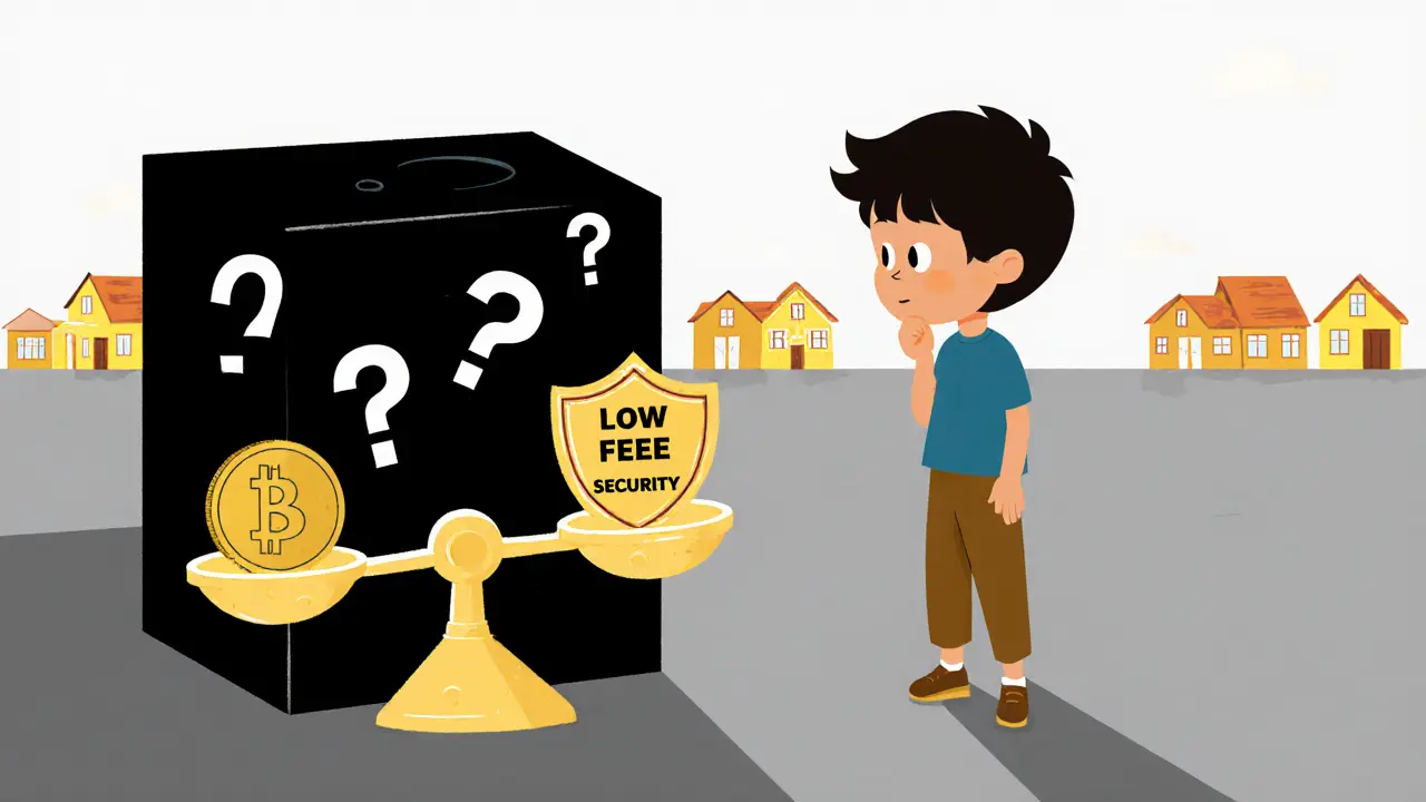 Child weighs low fees against security using a scale beside a mystery box.