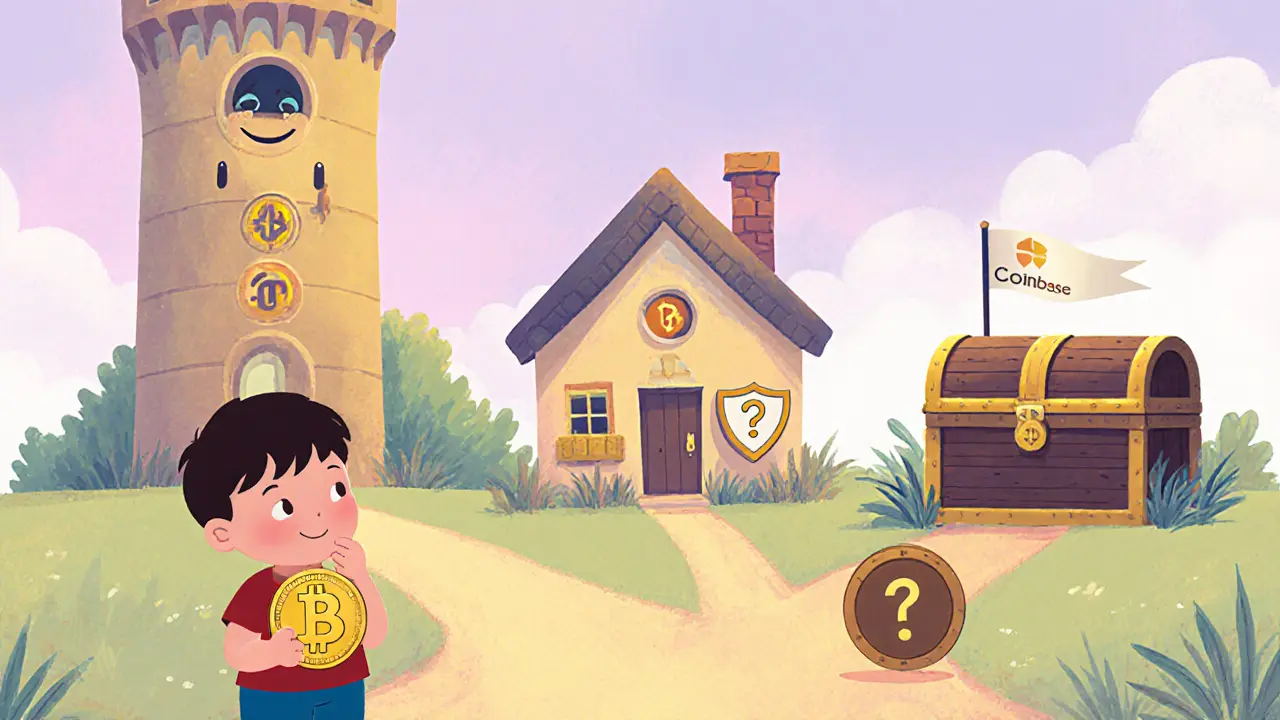 Child with a USDT coin choosing between Binance, Coinbase, and Batonex buildings.