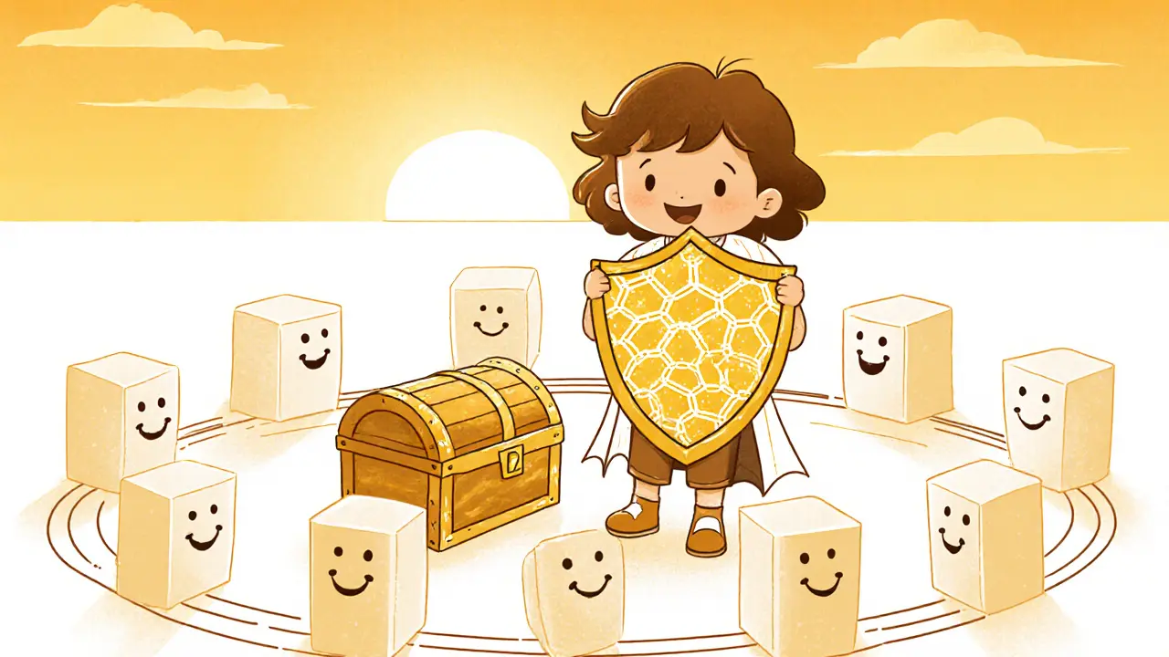 Child with blockchain shield protecting a data chest surrounded by node friends.