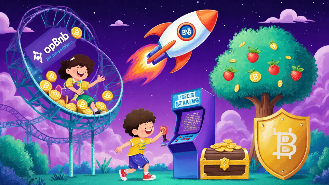 Children enjoy BNB‑powered rides, a game console, and a data tree in a futuristic playground.