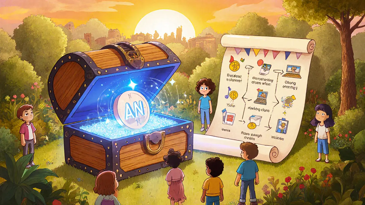 Community garden with a glowing relay box, a sparkling token, and a roadmap showing future milestones.