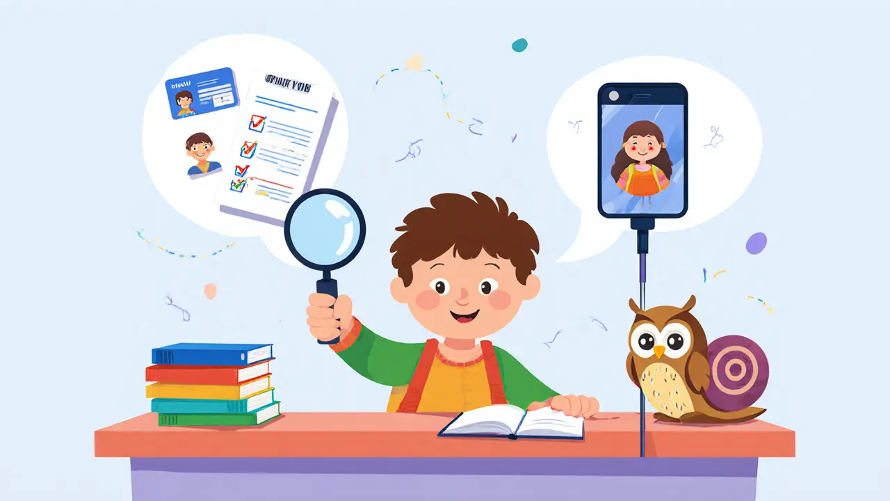 Curious child explorer with magnifying glass handling ID cards, selfie stick, and slow OTP snail.