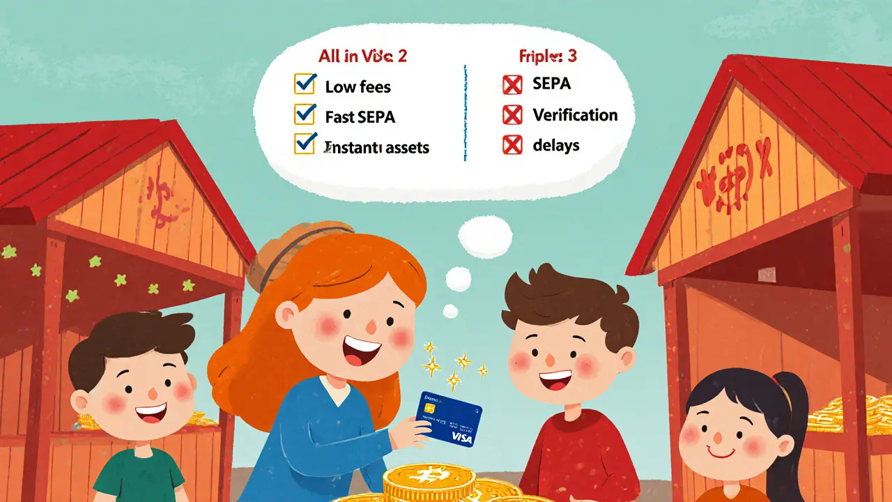 Family shops using crypto Visa card, thought bubble shows pros and cons.