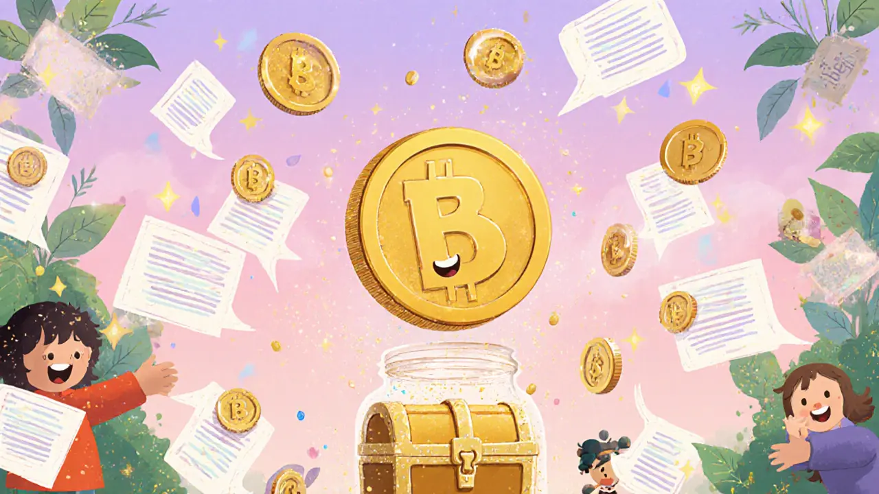 Farcaster avatars sharing tips by tossing sparkling DEGEN coins in a garden.