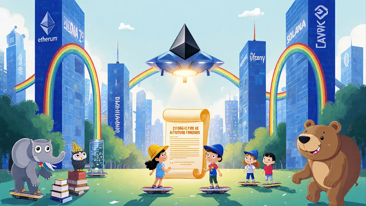 Future dApp city with rainbow bridges, DAO spaceship, and characters like Chainlink owl and Filecoin elephant.