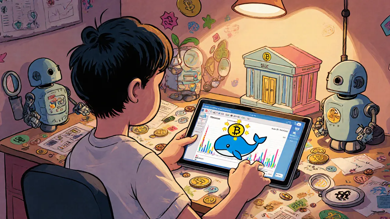 Kid at a desk receives a cartoon whale alert on a tablet showing a Bitcoin moving to an exchange.
