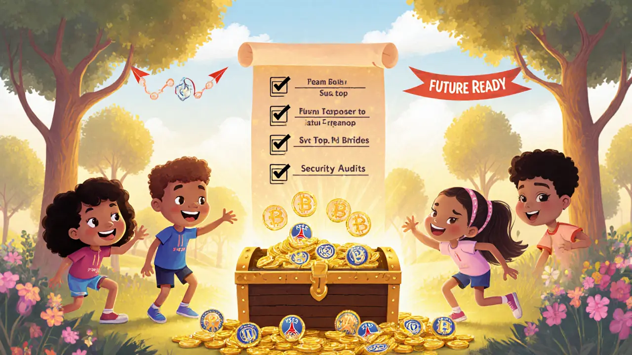 Kids celebrating with tiny glowing fan‑token coins and a future roadmap.