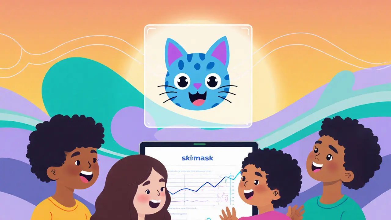 Kids gathered with a holographic cat mascot representing crypto buying.