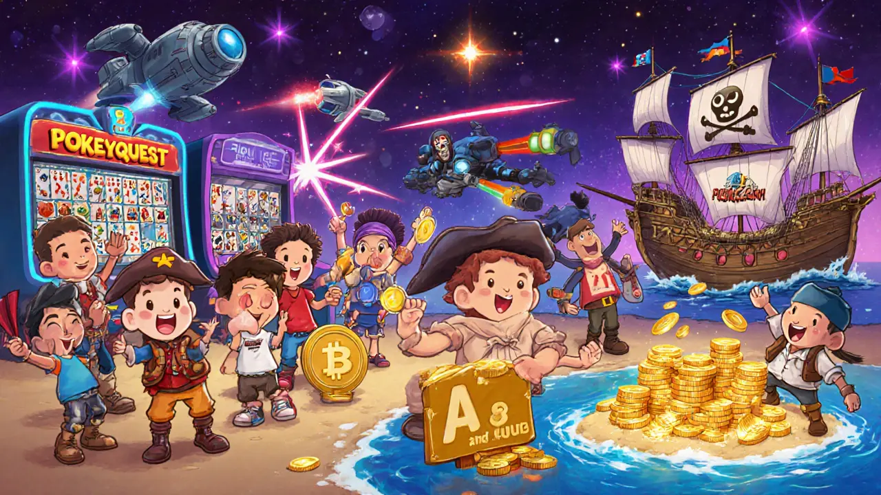 Kids playing Ancient8 games like Pokeyquest, Zone Nine, and Pirate Clash with A8 tokens.