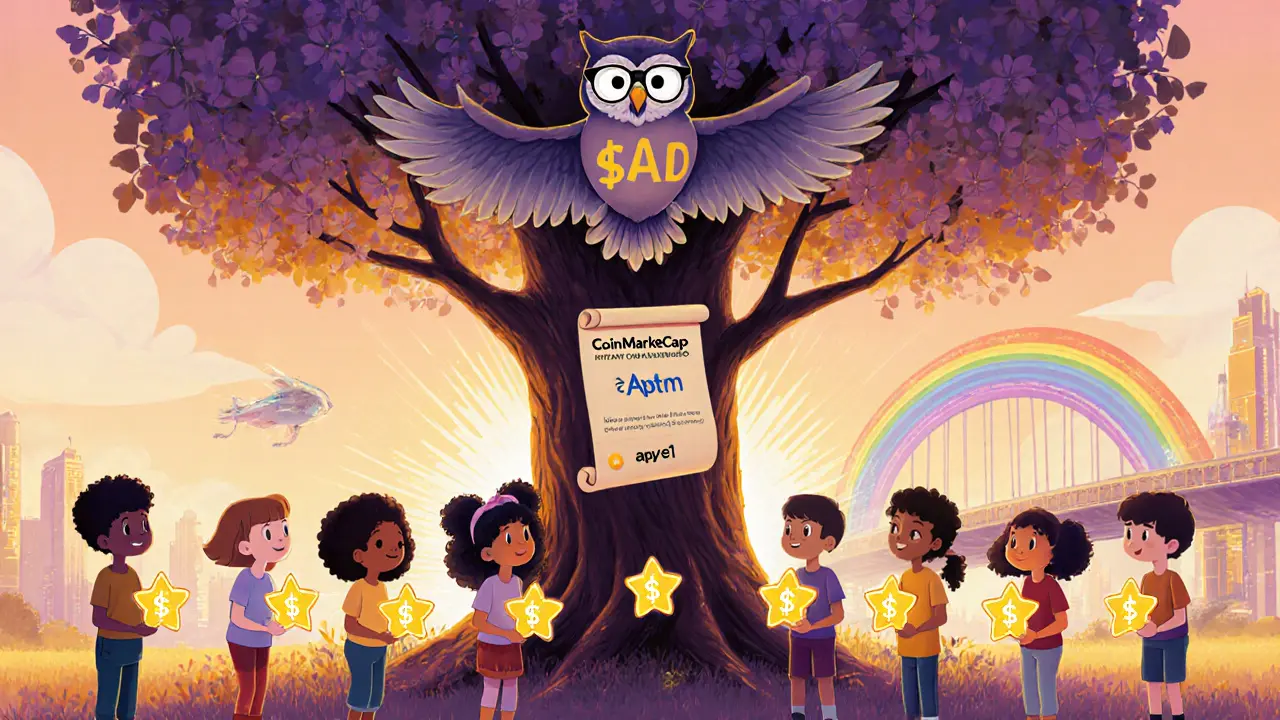 Kids voting under a DAO1 tree holding $APTM tokens while an owl shows rankings.