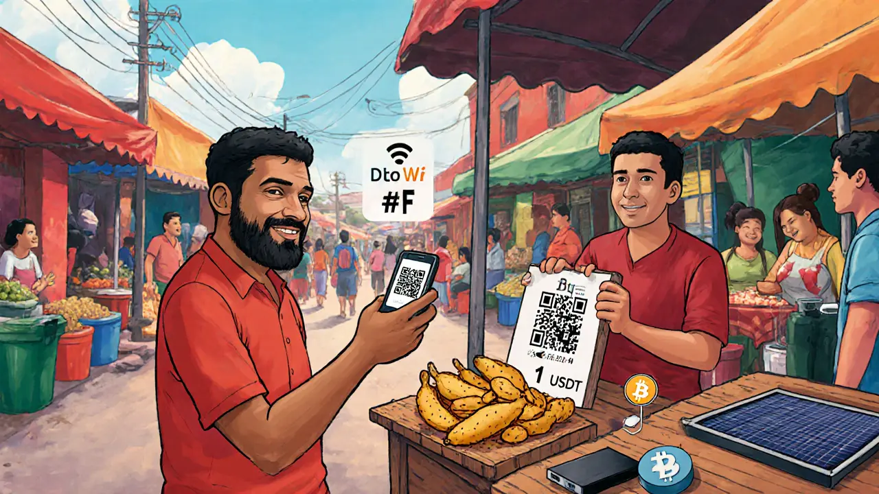 Man scanning a QR code to pay with USDT at a street food stall.