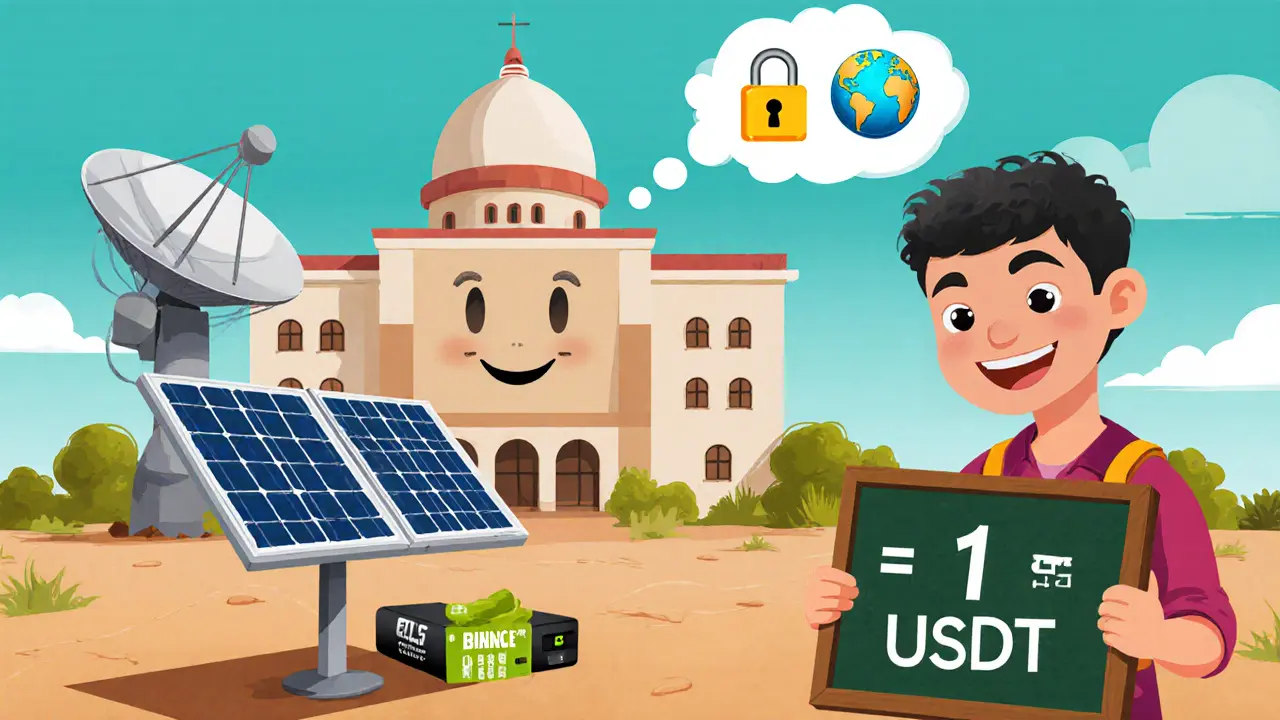 Market illustration showing vendors using USDT, solar chargers, and a government building hinting at future crypto role.