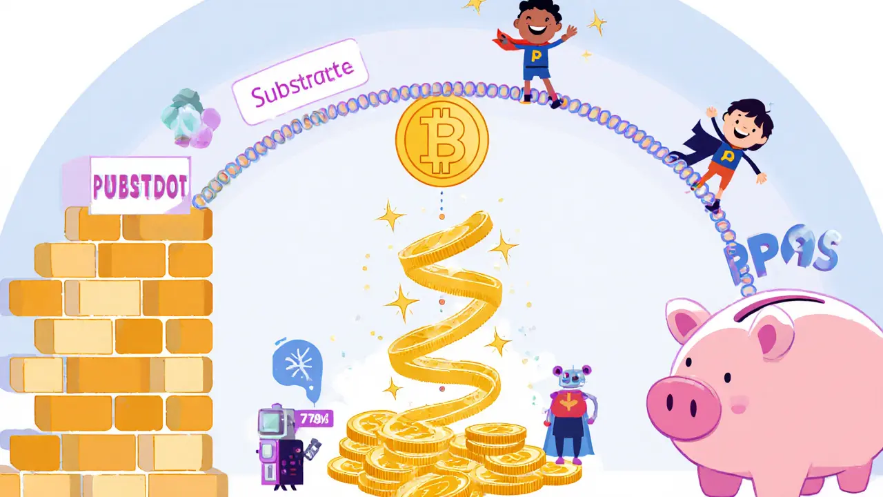 Playful illustration of Substrate bricks, Polkadot parachain, validators, and PEAQ staking jars.