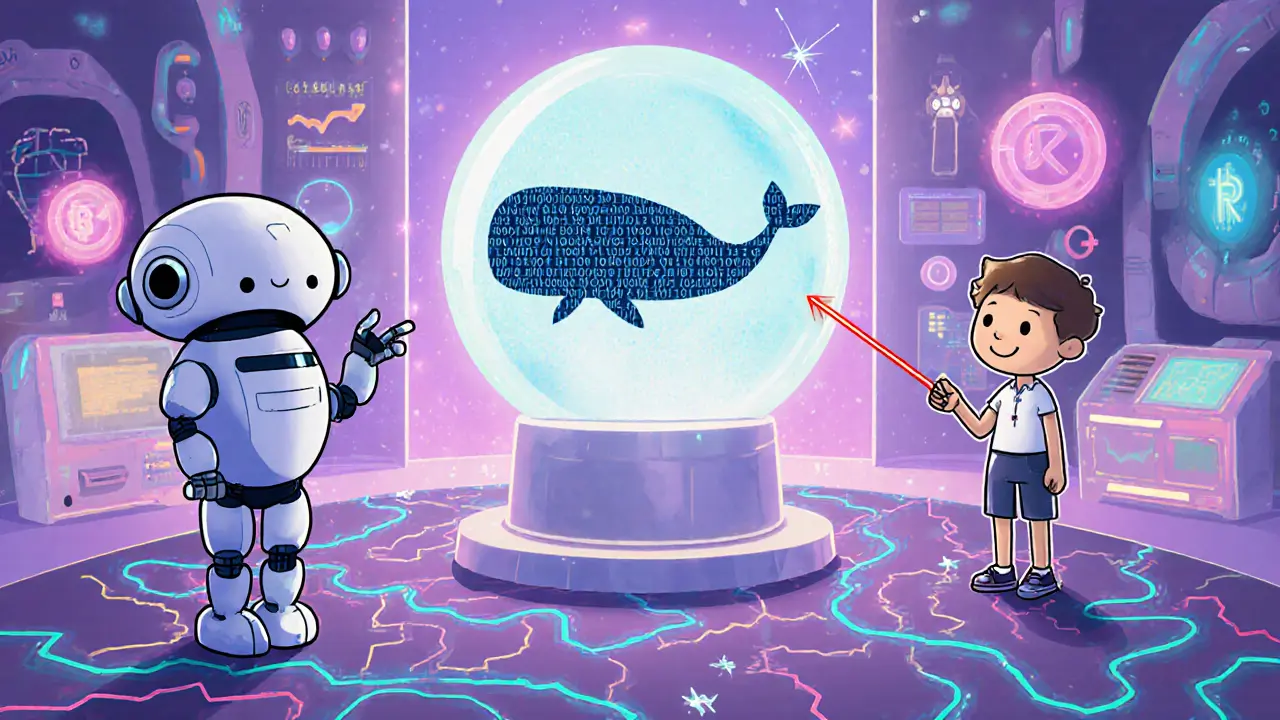 Robot AI and kid view a crystal ball showing a whale silhouette predicting blockchain moves.