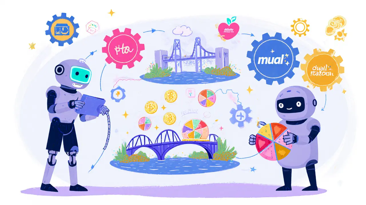 Robot and child illustrating wallet connection, bridging, and token wrapping steps.