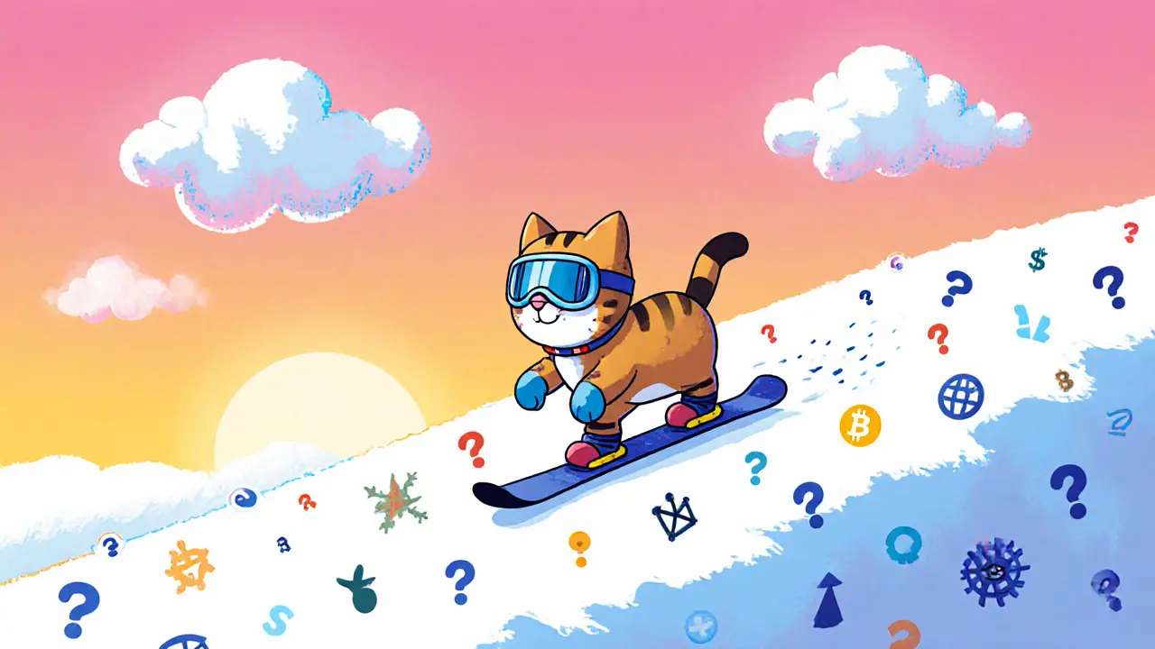 Ski‑mask cat snowboarding down a slope of meme symbols, illustrating risk.