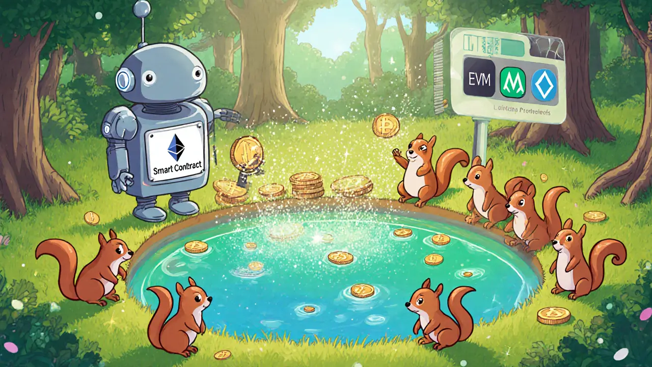 Squirrels adding tokens to a glowing liquidity pool with a robot contract.