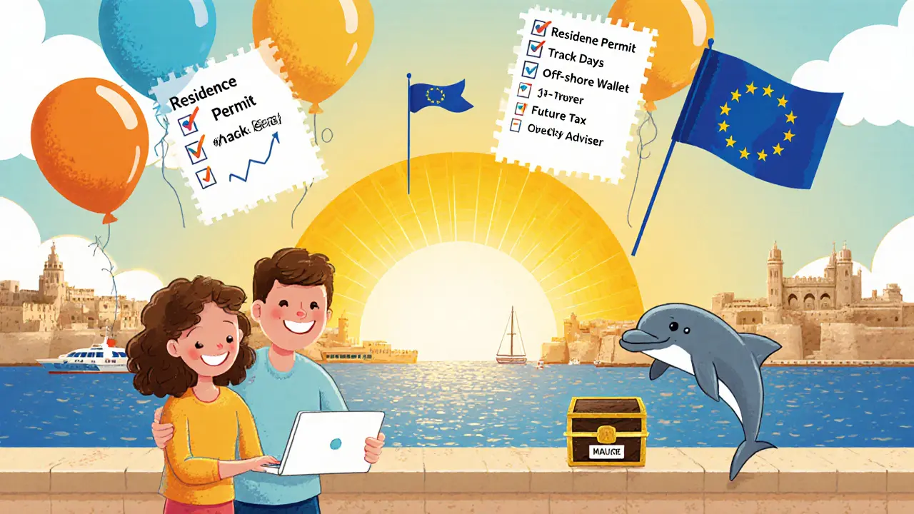 Sunrise over Malta with checklist balloons and family preparing crypto tax steps.