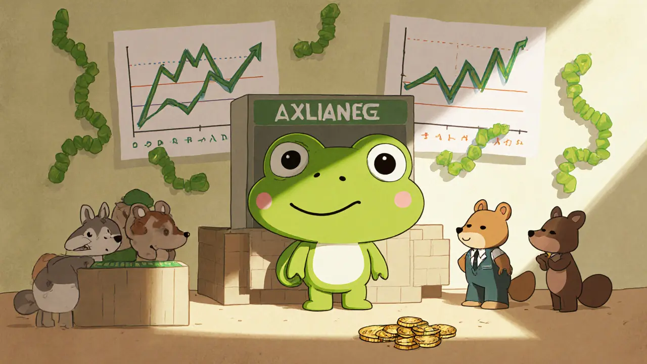 The toad at a cartoon stock kiosk with floating chart vines and tiny trader animals.