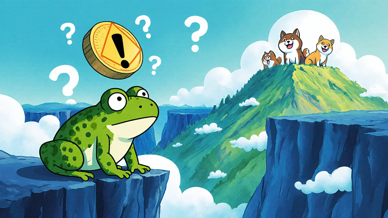 The toad standing on a cliff edge with a warning sign, overlooking larger meme‑coin characters.