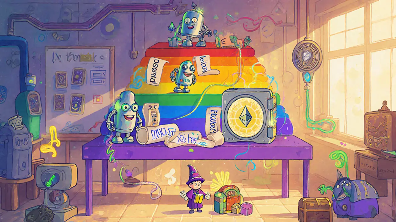 Three‑tiered cartoon ladder shows Consensus robots, Execution wizards, and Application game tools.