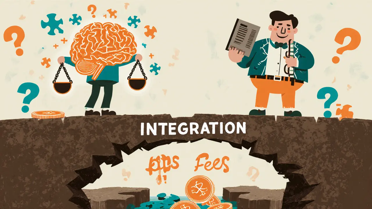 Two inventors stand apart on a crumbling bridge labeled 'Integration'.
