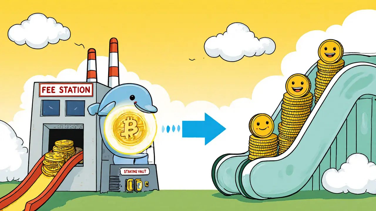 USDC coins slide into a swap machine, turn into DYDX, and join growing stDYDX tokens.