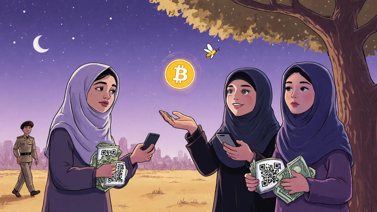 Women exchange cash for crypto using phones under a tree at dusk, unseen by authorities.