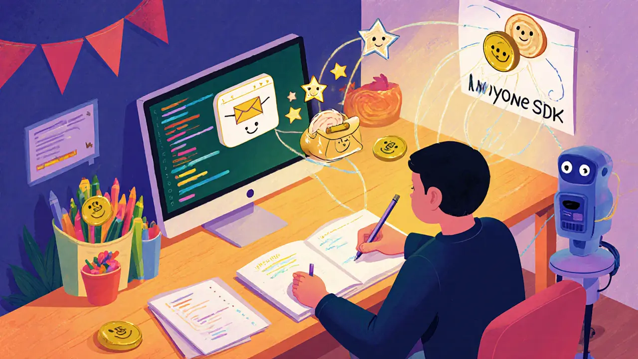 Young developer at a desk with cartoon data packets traveling through onion tunnels and earning tokens.