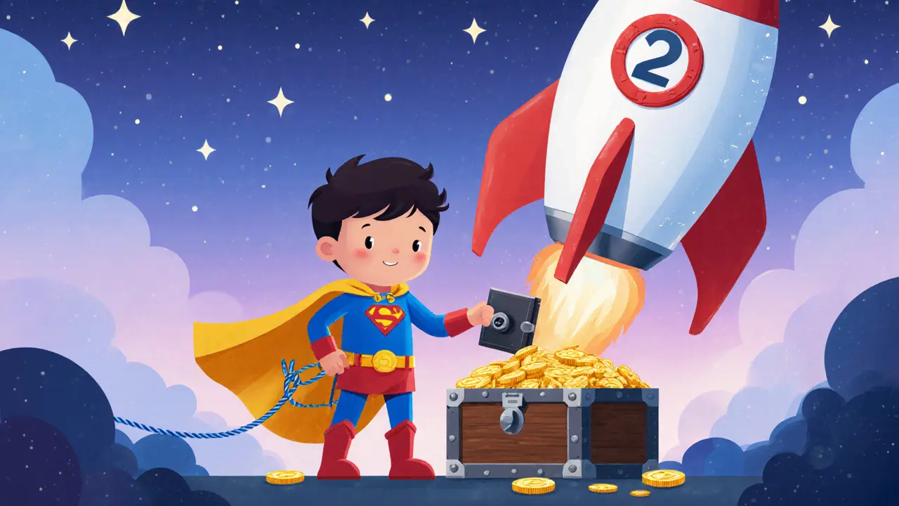 Young trader in cape moving coins to a safe while a large rocket looms, showing caution.