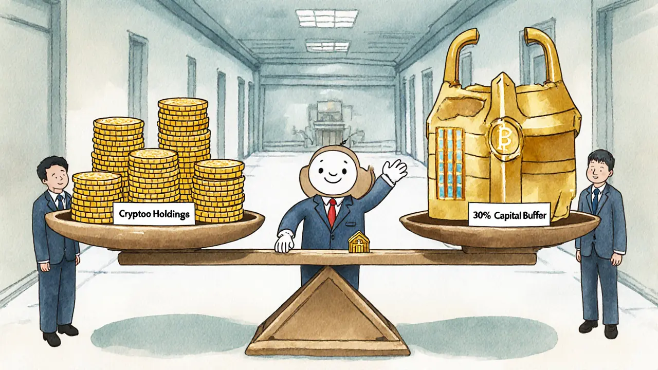 A bank mascot balancing crypto assets against a giant capital buffer, FSA inspectors watching.