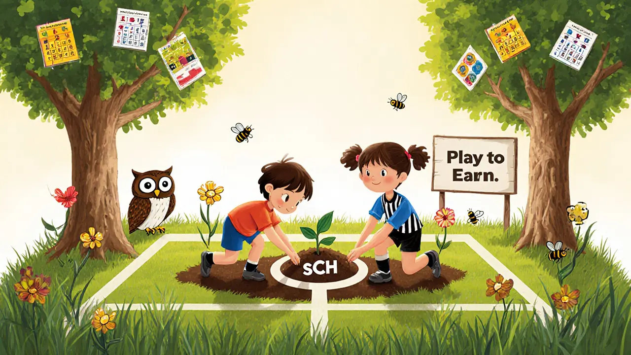 A boy and girl planting a SCH seed in a soccer field garden where flowers turn into NFT players.