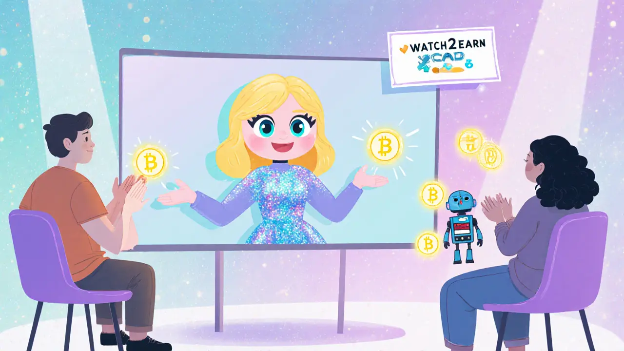 A cartoon AI influencer named ALICEAI hosts a live stream while viewers earn XCAD tokens from their chairs in a playful digital setting.